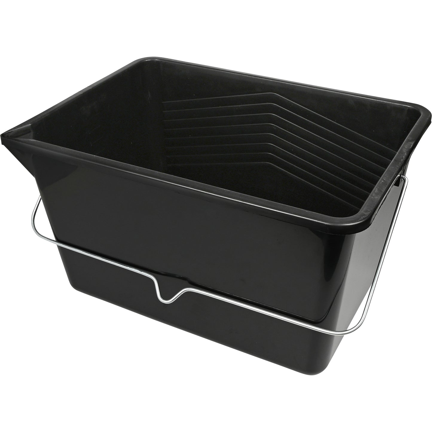 Schwarze rechteckige Farbwanne aus Kunststoff mit integriertem Metallbügelgriff und geriffeltem Abstreifbereich im Inneren.