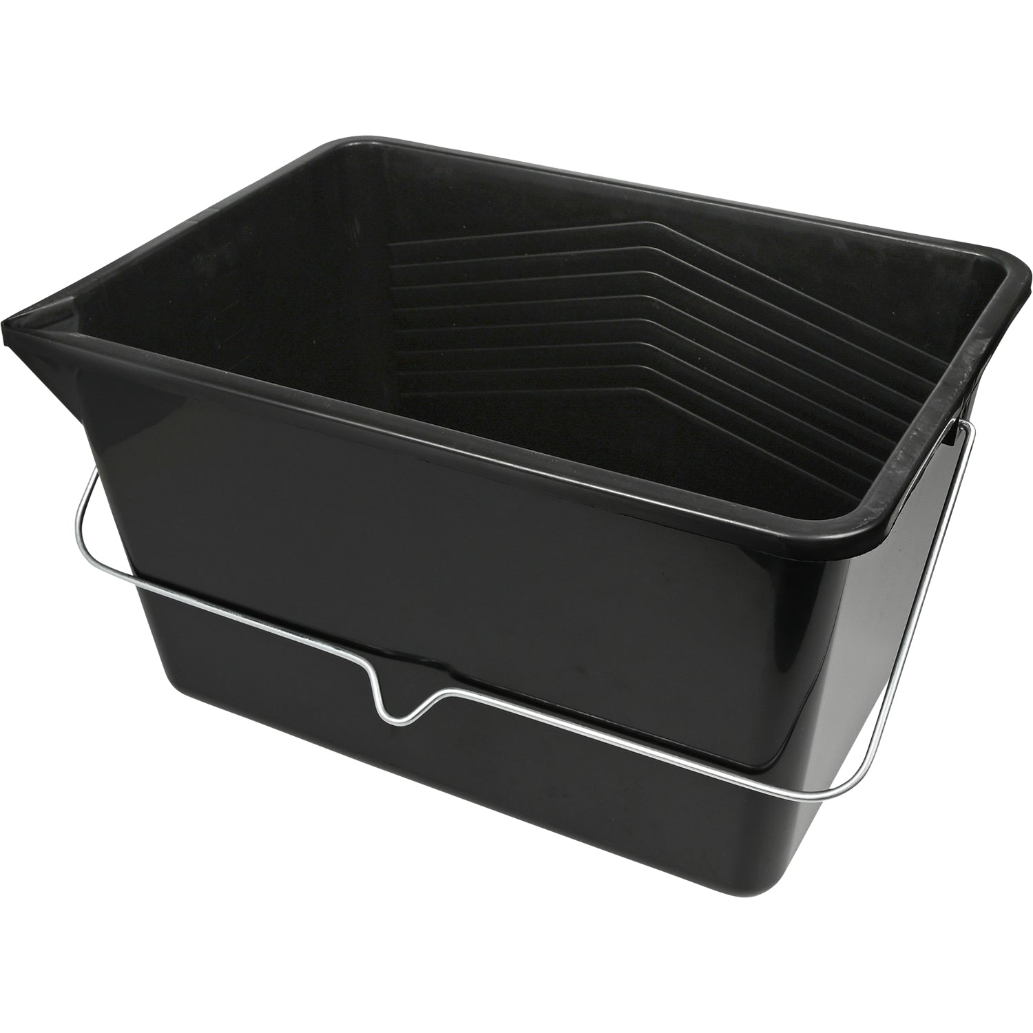 Schwarze rechteckige Farbwanne aus Kunststoff mit integriertem Metallbügelgriff und geriffeltem Abstreifbereich im Inneren.