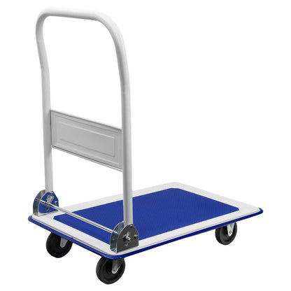 Plattformwagen mit blauer Ladefläche und vier Rollen, gezeigt von der Rückseite mit aufgerichtetem Schiebebügel, freigestellt auf weißem Hintergrund.
