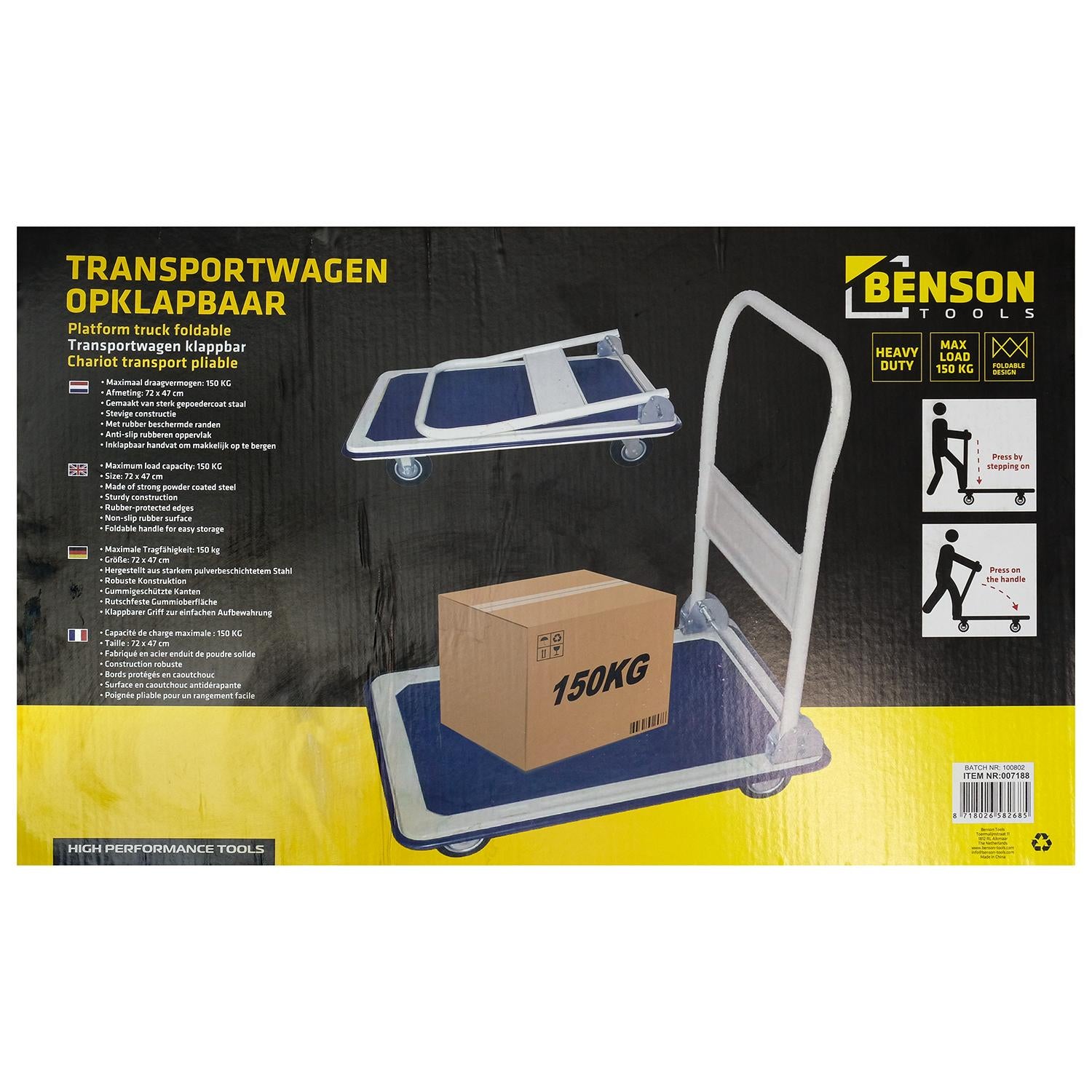 Verpackung eines klappbaren Plattformwagens mit Abbildung des Wagens, Karton mit Aufdruck „150KG“ und Produktinformationen.