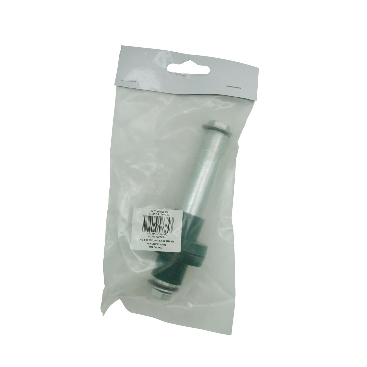 Verpackte Achse mit Buchsen in transparenter Kunststoffverpackung mit weißem Aufhänger. Auf der Verpackung ist ein weißer Aufkleber mit Barcode und Herstellerdaten sichtbar. Die Achse ist schräg nach unten gerichtet abgebildet, Hintergrund ist weiß