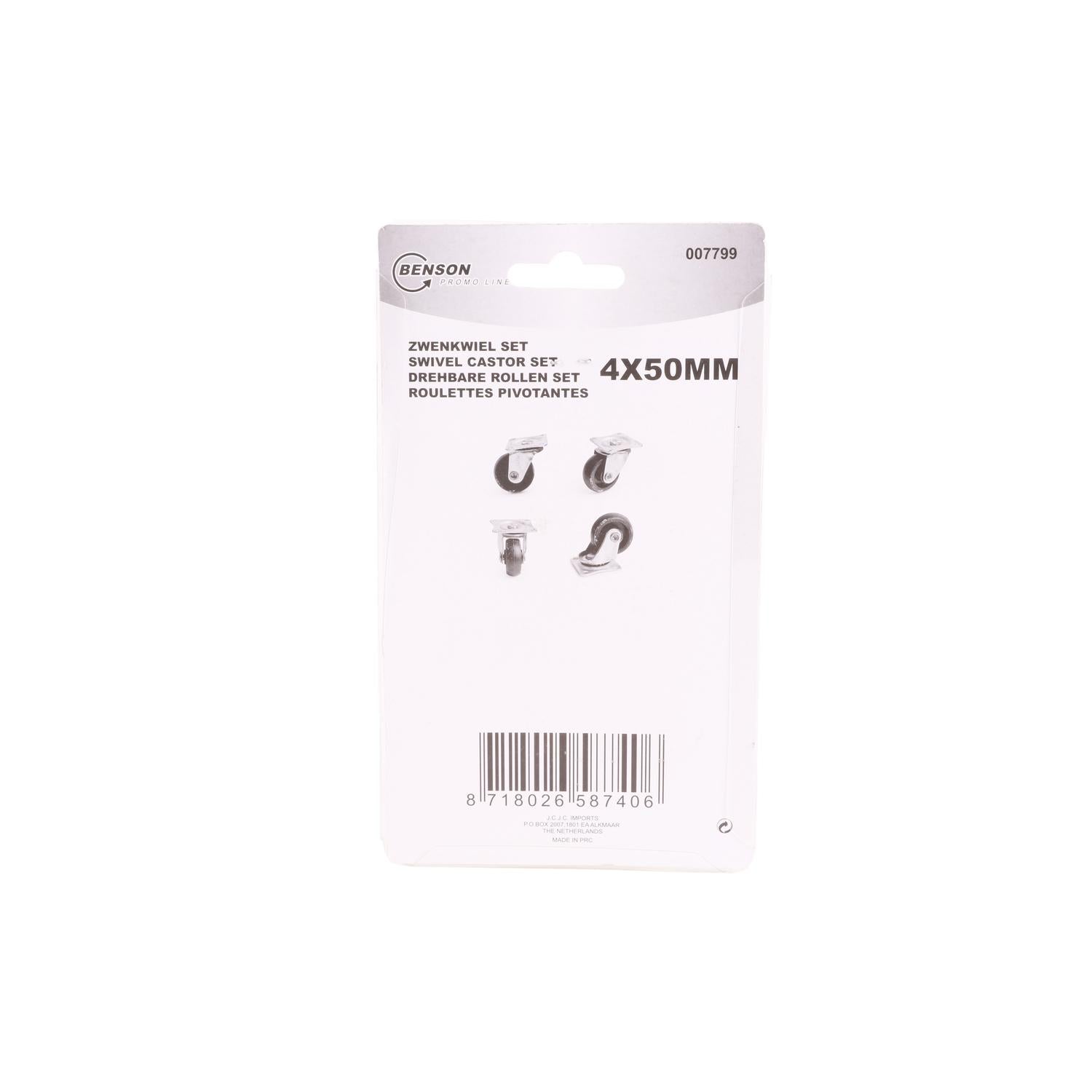 Rückseite der Verpackung mit weißem Hintergrund. Oben stehen Markenname, Artikelnummer und der Text „4×50 MM“. Darunter vier kleine Abbildungen der Rollen und ein Barcode