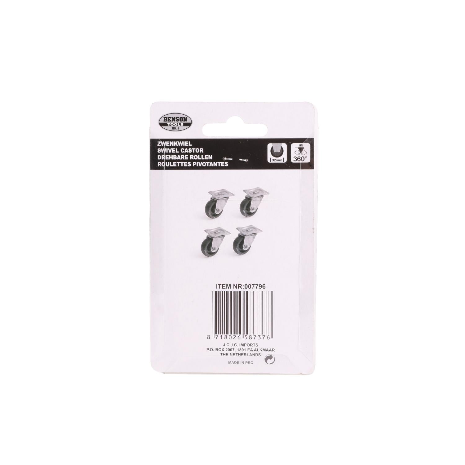 Rückseite der Verpackung mit weißem Hintergrund. Oben ein schwarzer Balken mit „BENSON TOOLS“, Produktname in vier Sprachen und zwei Piktogrammen: „32?mm“ mit Rollensymbol, „360°“ mit Drehsymbol. Darunter vier kleine Rollenabbildungen. Unten Artikelnummer