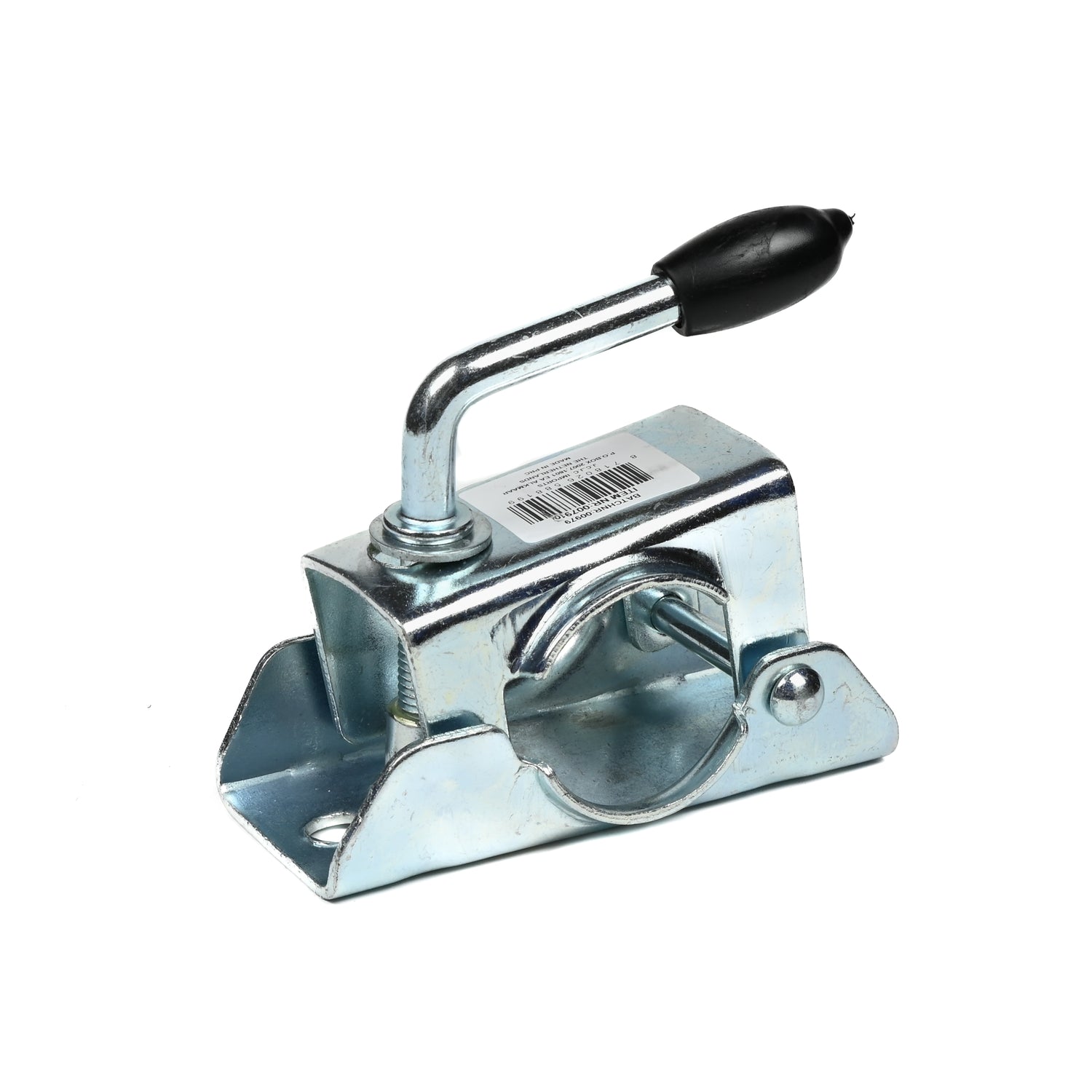 Verzinkte Rohrschelle mit Spannhebel und schwarzem Kunststoffgriff, auf weißem Hintergrund dargestellt.