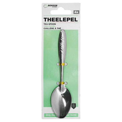 Verpackung mit vier silbernen Teelöffeln von Benson Home, Teelöffel mit floralem Muster am Griff vor grünem Hintergrund, Aufdruck „Theelepel – 4x Tea Spoon“, freigestellt auf weißem Hintergrund.