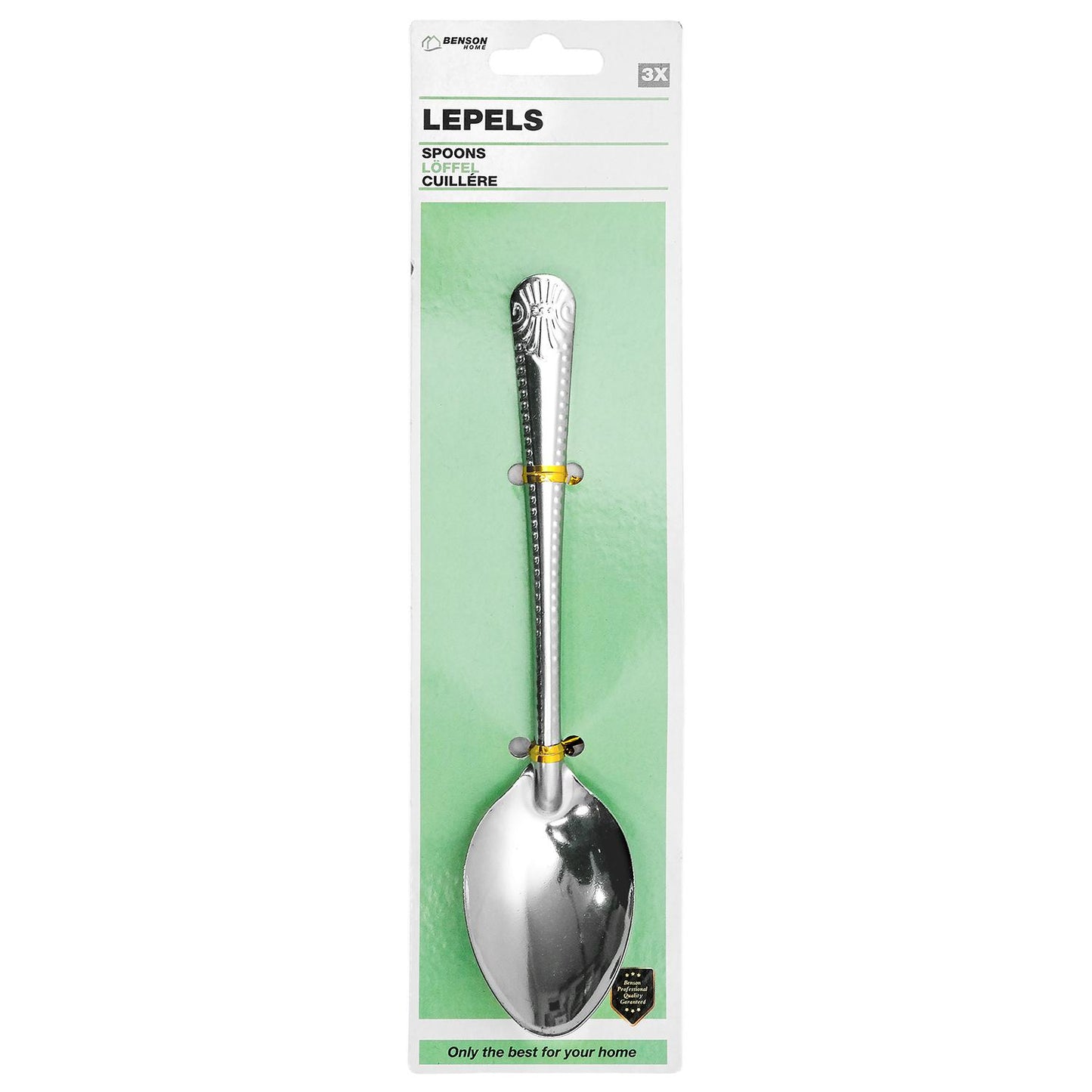 Vorderseite einer schmalen Verkaufsverpackung mit grünem Hintergrund, darin ein silberfarbener Esslöffel mit ovaler Laffe und dekoriertem Griff, oben Text „Lepels / Spoons / Löffel“ und Hinweis „3x“, vor weißem Rand.