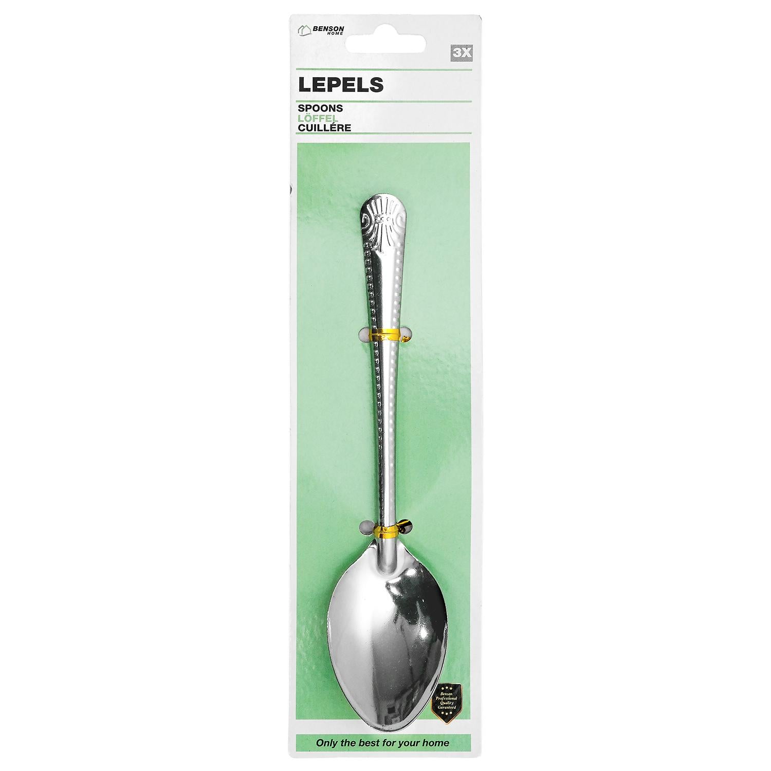 Vorderseite einer schmalen Verkaufsverpackung mit grünem Hintergrund, darin ein silberfarbener Esslöffel mit ovaler Laffe und dekoriertem Griff, oben Text „Lepels / Spoons / Löffel“ und Hinweis „3x“, vor weißem Rand.