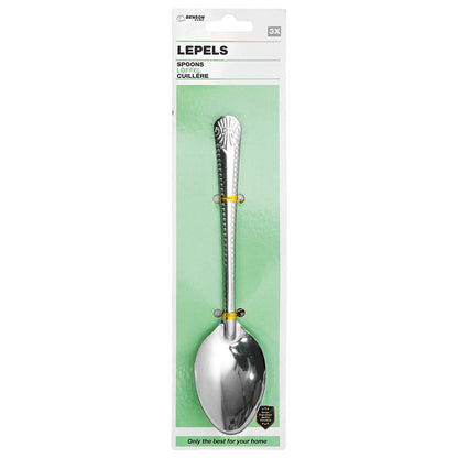 Vorderseite einer schmalen Verkaufsverpackung mit grünem Hintergrund, darin ein silberfarbener Esslöffel mit ovaler Laffe und dekoriertem Griff, oben Text „Lepels / Spoons / Löffel“ und Hinweis „3x“, vor weißem Rand.