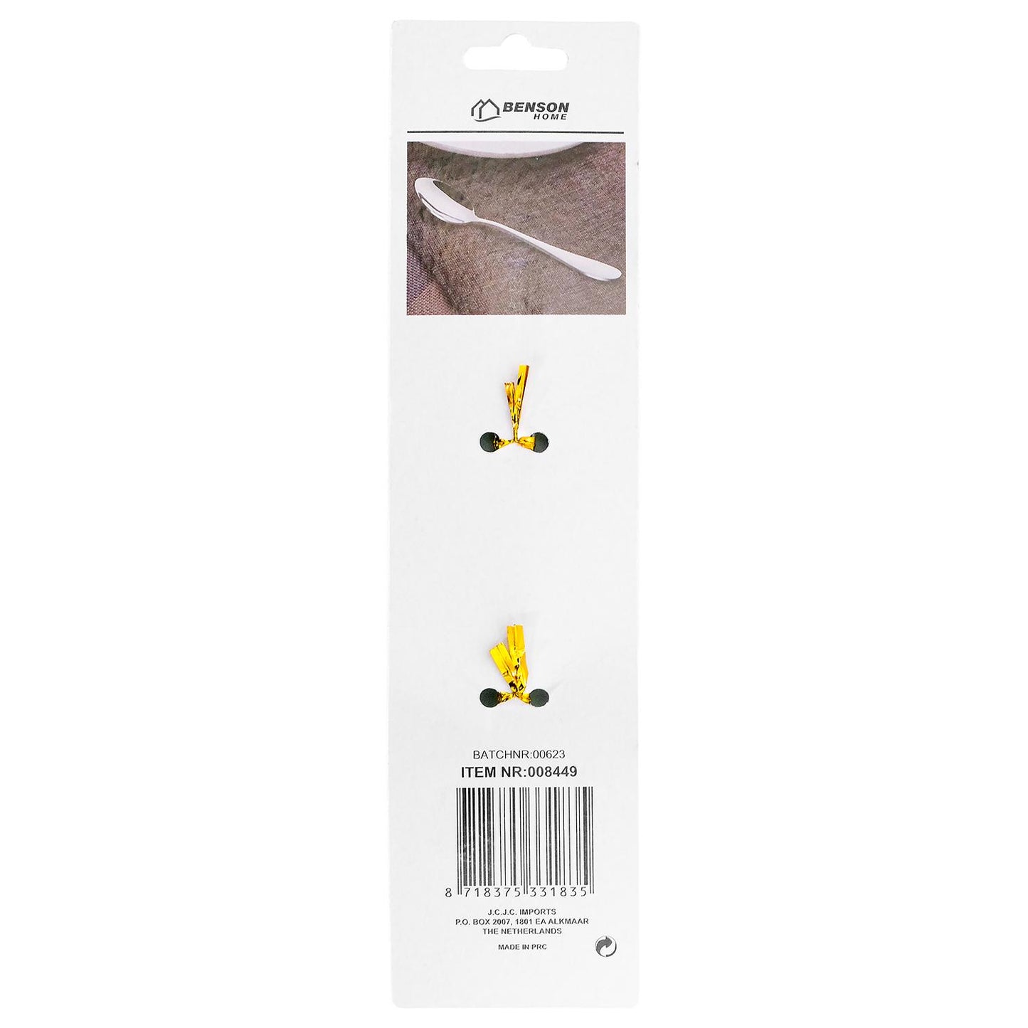 Rückseite der schmalen Verkaufsverpackung in Weiß mit kleinem Produktfoto eines Esslöffels, zwei goldfarbenen Befestigungsdrähten, Barcode sowie Artikel- und Batchnummer, freigestellt vor weißem Hintergrund.