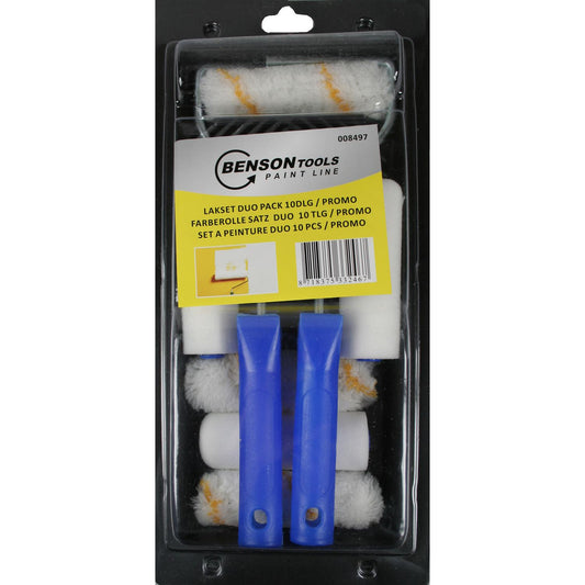 Verpacktes Farbroller-Set von Benson Tools mit zwei blauen Griffen und mehreren weißen Farbwalzen mit gelber Streifenstruktur, in transparenter Kunststoffverpackung mit gelb-grauem Etikett und Produktbeschreibung.