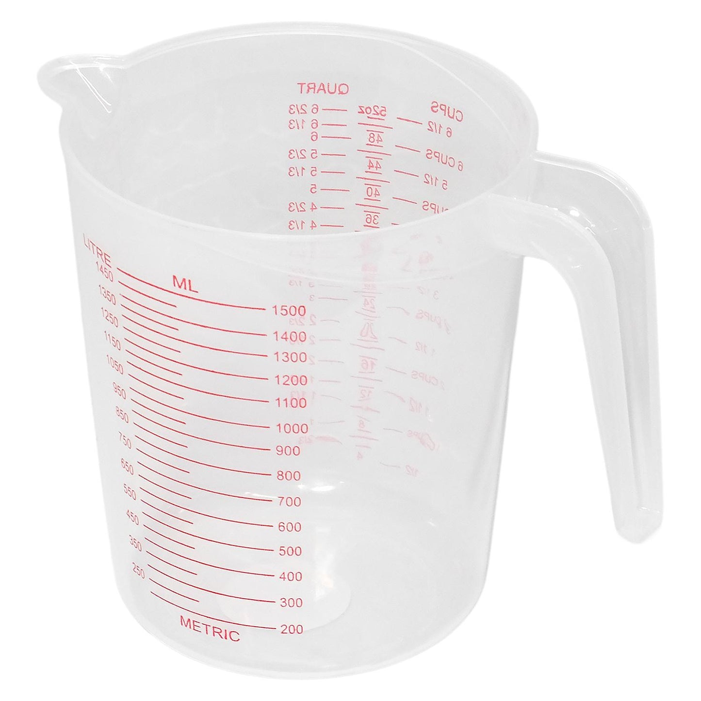 Transparenter Messbecher aus Kunststoff mit Ausguss, Griff und roter Milliliter-Skala bis 1500 ml auf weißem Hintergrund.