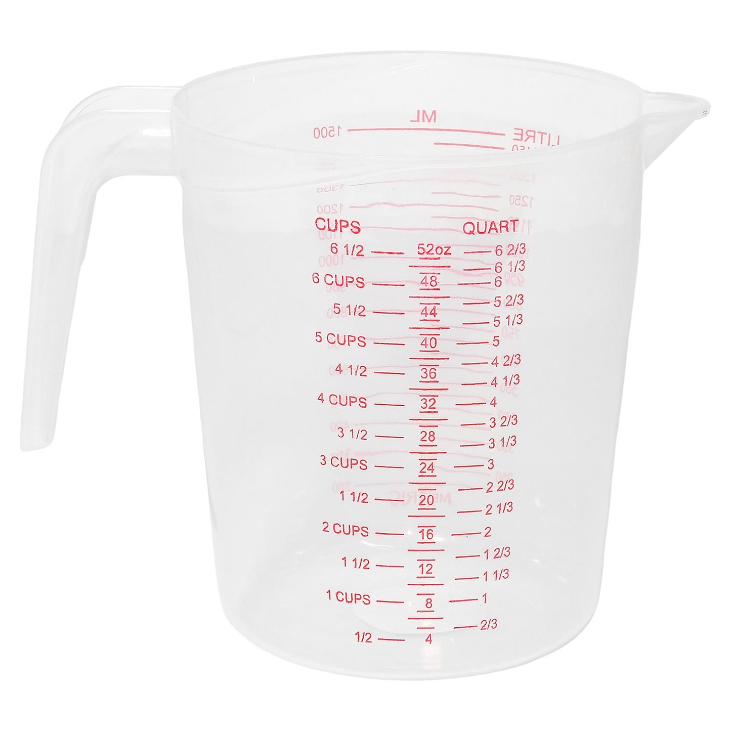 Transparenter Messbecher mit roter Skala für Cups, Quart und Milliliter sowie Ausguss und Griff, freigestellt auf weißem Hintergrund.