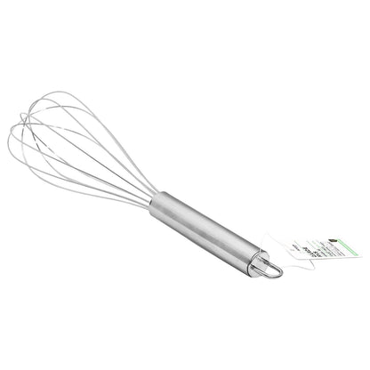 Edelstahl-Schneebesen in schräger Perspektive, Fokus auf Drahtkopf und glattem Metallgriff mit Aufhängeöse, inklusive Produktanhänger, freigestellt vor weißem Hintergrund.