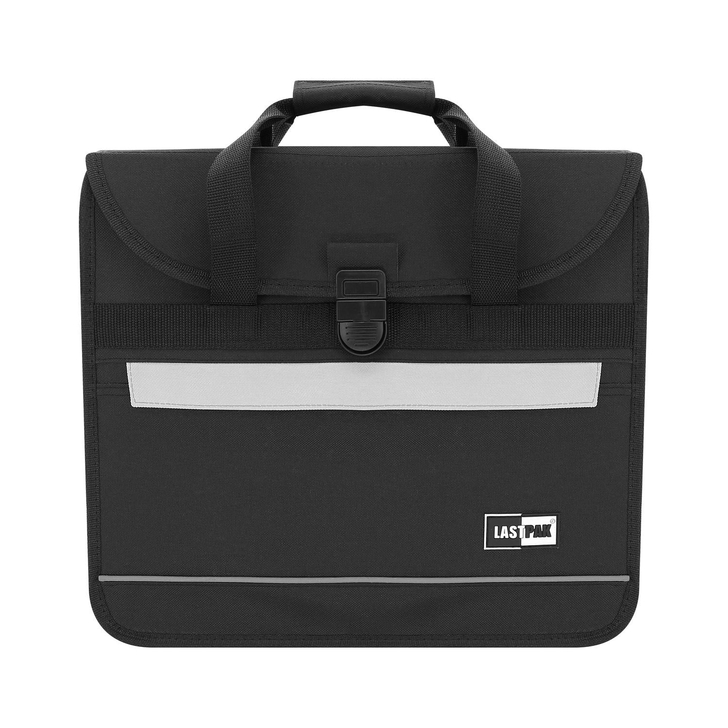 Schwarze Fahrradtasche in Aktenform mit Tragegriff, Steckverschluss und grauem Reflektorstreifen auf der Vorderseite.