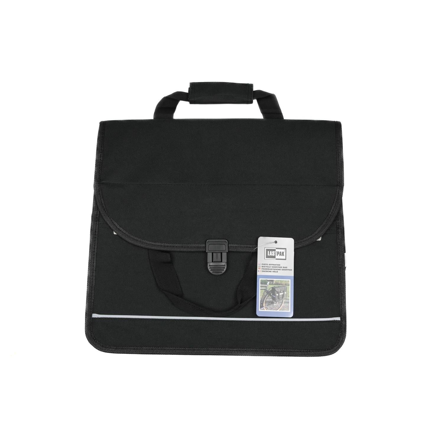Schwarze Fahrradtasche mit Tragegriff, Steckverschluss und angehängtem Etikett mit Produktabbildung.
