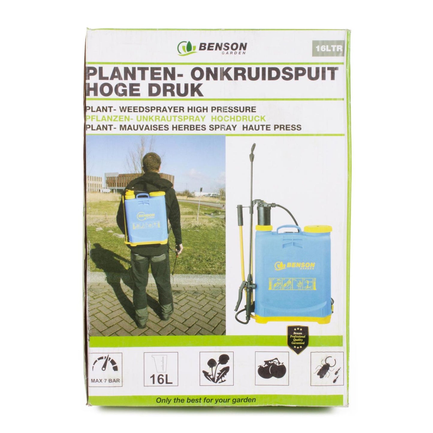 Verpackung der Rückenspritze mit Aufdruck „Benson Garden“ und Abbildung eines Mannes, der die blaue Spritze mit gelbem Boden auf dem Rücken trägt, Produktabbildung daneben.