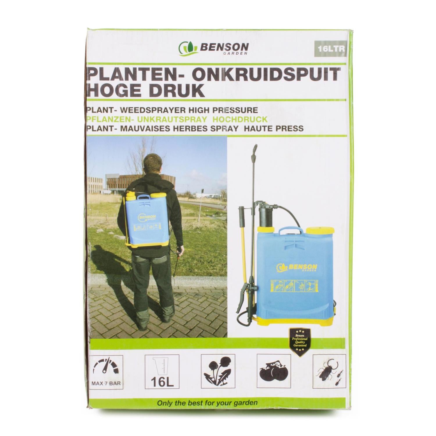Verpackung der Rückenspritze mit Aufdruck „Benson Garden“ und Abbildung eines Mannes, der die blaue Spritze mit gelbem Boden auf dem Rücken trägt, Produktabbildung daneben.