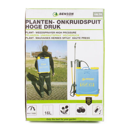 Verpackung der Rückenspritze mit Aufdruck „Benson Garden“ und Abbildung eines Mannes, der die blaue Spritze mit gelbem Boden auf dem Rücken trägt, Produktabbildung daneben.