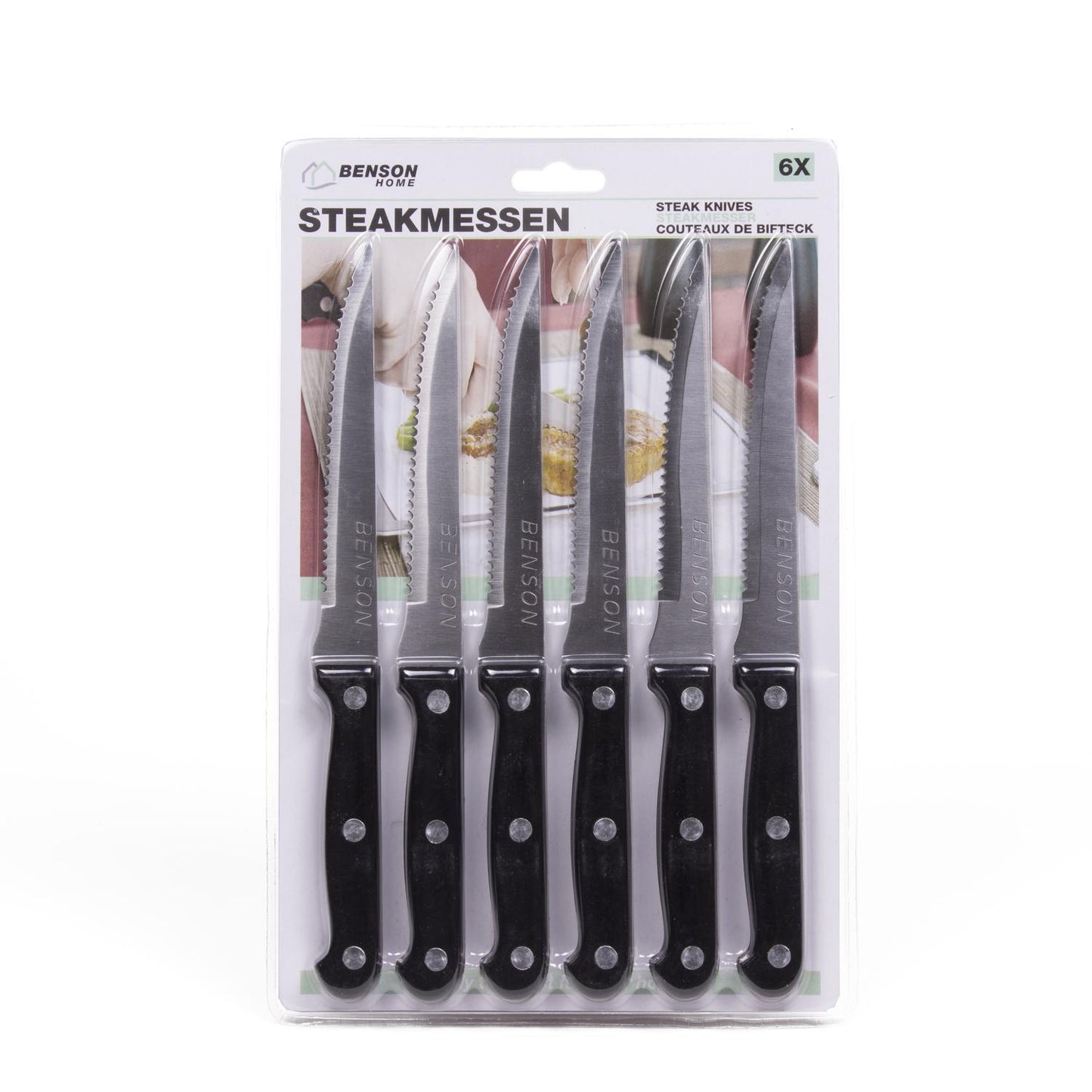 Sechsteiliges Messerset in transparenter Blisterverpackung, Messer mit gezahnter Schneide und schwarzem Griff, Aufdruck „STEAKMESSEN“.