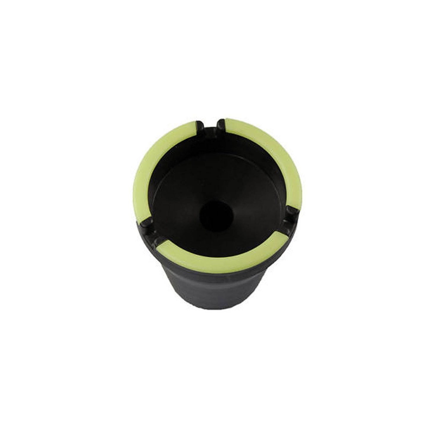 Schwarzer Aschenbecher in Becherform mit drei Kerben am Rand und einem leuchtend grünen Einsatzring, von oben fotografiert.