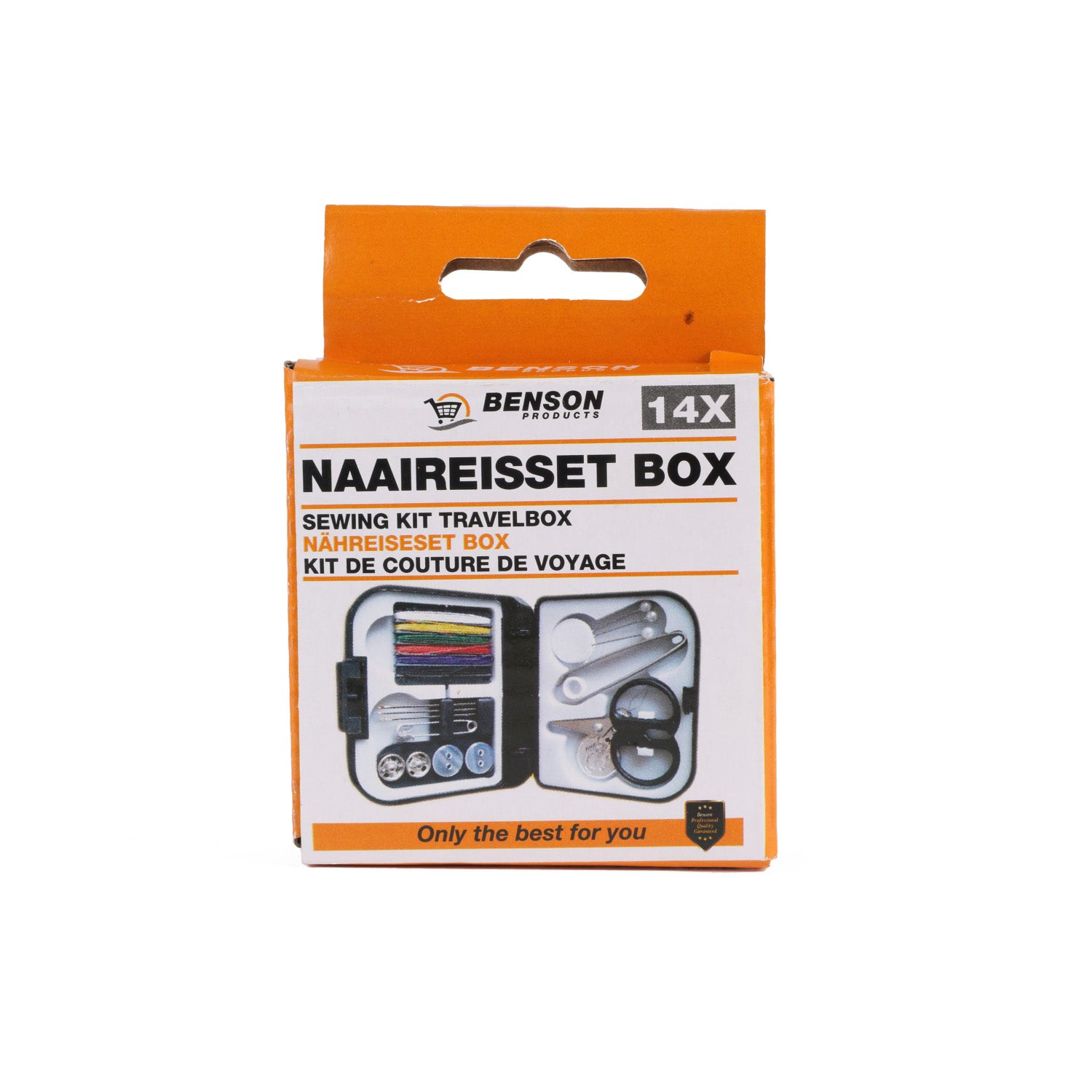 Verpackung eines Reise-Nähsets mit der Aufschrift „Benson Products – Naai Reisset Box“, abgebildetem Inhalt und Übersetzungen in mehreren Sprachen.